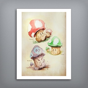 Mario Mushrooms Botanical Illustration 8.5" x 11" Art Print, Super Mario Bros, Watercolor