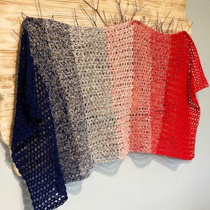 May include: A multi-colored crochet shawl with a gradient of navy blue, gray, pink, and red. The shawl is hanging on a wooden wall with a rustic finish. The text "Patternprincess.com" is visible at the bottom of the image.