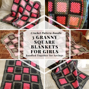 3 Granny Square Blankets for Girls Easy Crochet Blanket Bundle