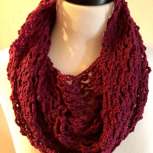 Crochet Pattern, Beginner Infinity Scarf Pattern, Vermillion Easy Infinity cowl, Lacy Crochet Scarf Pattern, lattice and picot stitch scarf