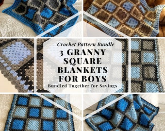 3 Granny Square Blankets for Boys Easy Crochet Blanket Bundle