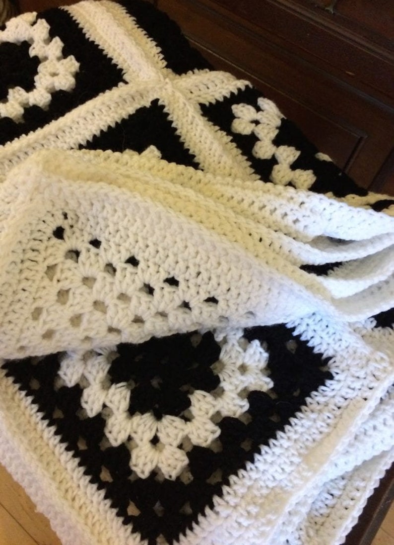 granny square afghan, Beautiful Black and White Granny Square Blanket, beginner crochet blanket pattern image 3