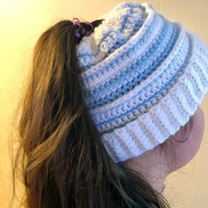 Crochet Hat Pattern / Alison Messy Bun Beanie Crochet Pattern, Ponytail Hat Pattern, PDF Digital Download
