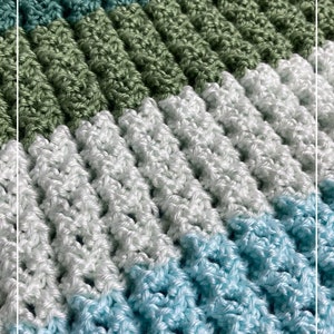 May include: Close-up of a handmade crochet blanket with a ribbed texture. The blanket features stripes of various colors, including teal, green, white, and light blue. The website Patternprincess.com is visible in the corner.