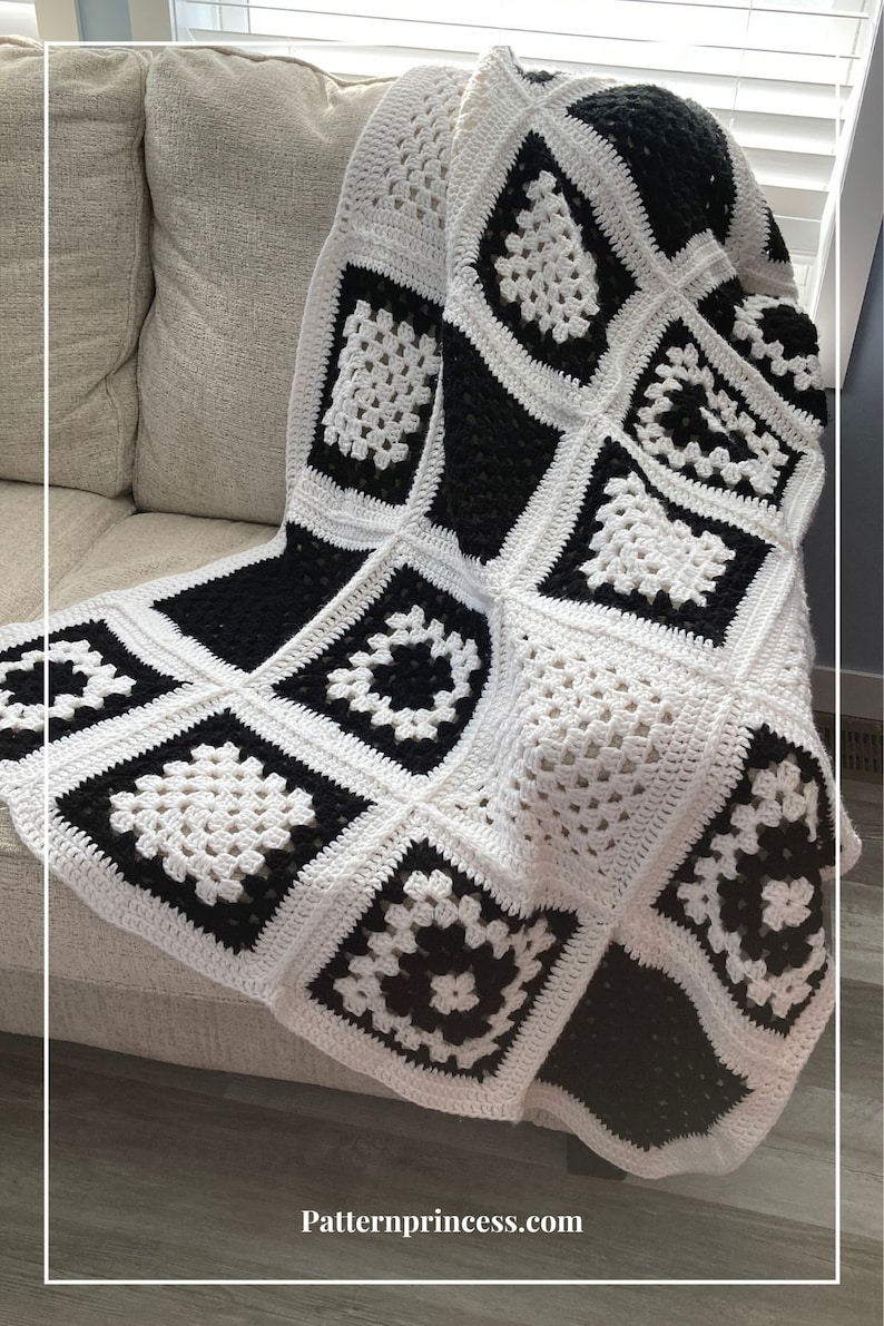 granny square afghan, Beautiful Black and White Granny Square Blanket, beginner crochet blanket pattern image 1