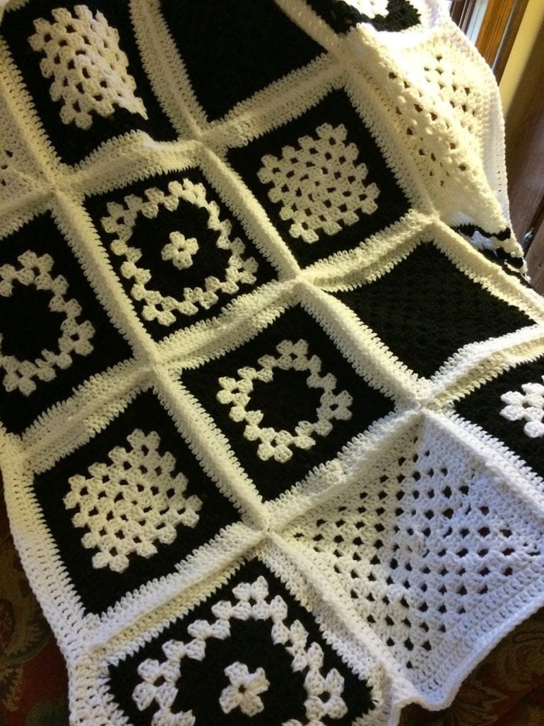 granny square afghan, Beautiful Black and White Granny Square Blanket, beginner crochet blanket pattern image 2