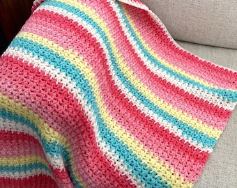 Gestreept gestructureerd gehaakt dekenpatroon + videotutorial, heldere pastelkleurige plaid in 8 maten, verensteek, pdf-download