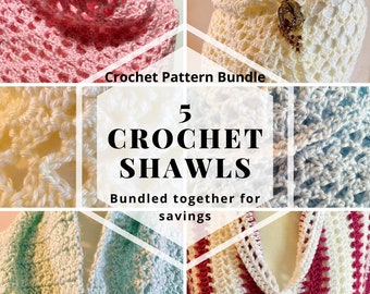 Easy Crochet Shawl Pattern, Crochet Wrap Pattern, 5 Crochet Shawl Pattern Bundle, Crochet Shawl Pattern, Rectangle Shawl Pattern