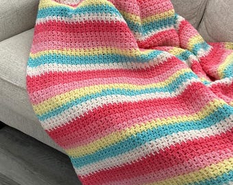 Crochet Blanket Pattern + Video Tutorial, Bright Pastel Throw in 8 Sizes, Feather Stitch, PDF Download