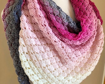 Crochet Pattern, triangle crochet shawl, Feeling Flirty Lacy Shell Shawl Crochet Pattern in pastel pink and grey thread yarn colors