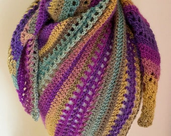 Saturday Scarf Crochet Pattern, Easy Asymmetrical Shawl, rainbow shawl