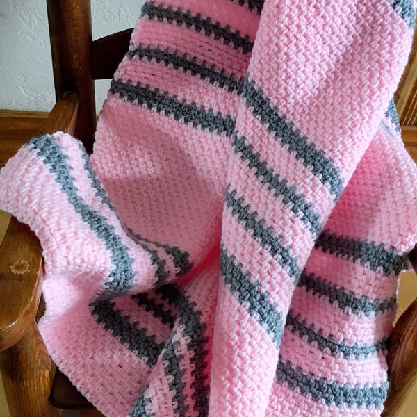 Beginner Baby Blanket Crochet Pattern, Modern Heirloom Baby Afghan, Pink and Grey Crochet Pattern, Easy Crochet Tutorial