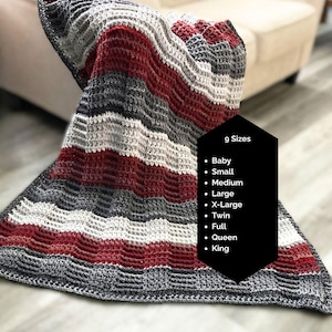 May include: A crocheted blanket featuring horizontal stripes in shades of dark red, light gray, and dark charcoal. A black hexagonal graphic overlay lists 9 Sizes: Baby, Small, Medium, Large, X-Large, Twin, Full, Queen, and King. The text https://patternprincess.com is at the bottom.