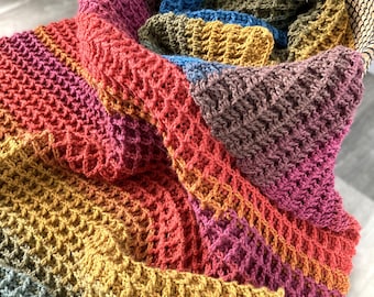 Gehaakte dekenpatroon met wafelsteek pdf, eenvoudig Afghaans haakpatroon met textuur in 5 maten, elke maat maken, wafelgefluister