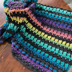 Könnte beinhalten: Eine handgefertigte Häkeldecke in Regenbogenfarben, darunter Lila, Blau, Grün, Gelb und Rosa, auf einem dunkelgrauen Hintergrund. Die Decke hat ein sich wiederholendes Blumenmuster. Die Website-Adresse https://patternprincess.com ist sichtbar.