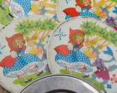 Ohio Art Tin Litho Tea Party Set. Little Red Riding Hood Wolf. 4 plates saucers 1 odd plate. Mid Century 1950 60s. FREE SHIP in US