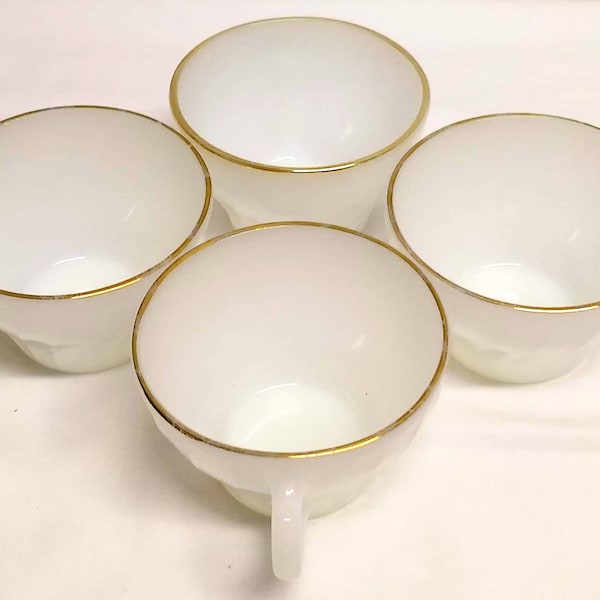 Anchor Hocking White Milk Glass Cups. Swirl Pattern with 22K Gold Trim. Set of 4 Matching- 3 marked "Suburbia".