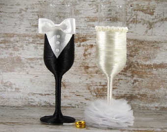 Wedding gift. Decorated crystal cups. Toasts Wedding Cups. Bride and groom gift. Couple of glasses for toast. Decoration event.