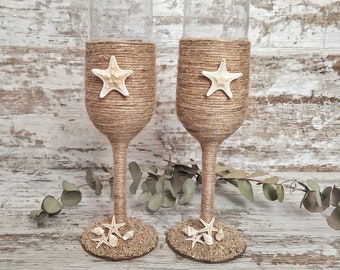 Glass cups decorated. Wedding gift. Marine decoration. Marine wedding. Marine wedding setting. Custom wedding gift. Marine theme