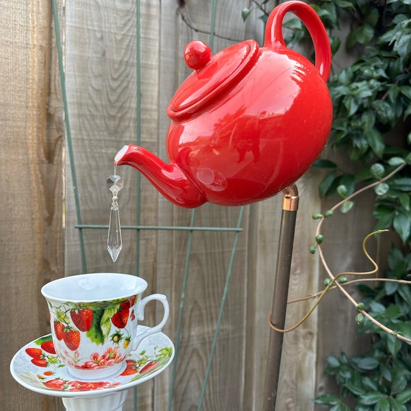 Glass Garden Art, Tea Pot and Tea Cup, Garden Decor, Vintage Glass, Yard Art, "Strawberry Patch”