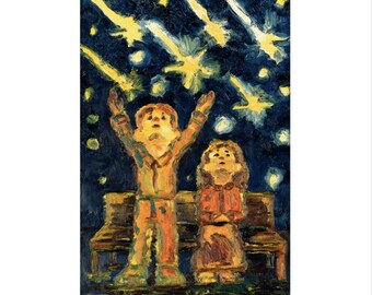 Affiche authentique, illustrateur contemporain, Qwaya, <Sous les étoiles filantes>