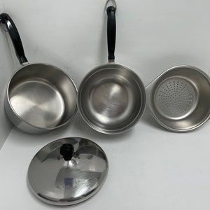 FARBERWARE Stainless Steel/Aluminum Clad 2 Quart Saucepan With Lid, Steamer & Double Boiler Inserts VINTAGE USA