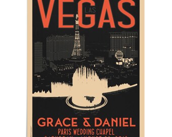 Las Vegas Fountain Personalized Wedding and Anniversary Unframed Art 18x24 or 24x36 (15 color options available)