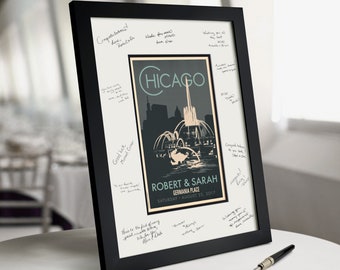 Chicago Buckingham Fountain Personalized Wedding Art in Guestbook Frame 18x24 or 24x36 (available in 15 color options)