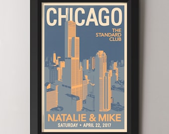 Chicago Downtown Personalized Wedding Art In Classic Frame 18x24 or 24x36 (available in 15 color options)