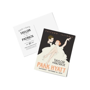 May include: A wedding invitation and save-the-date card. The invitation features a couple in an art deco style, with the text "Taylor & Patrick, Park Hyatt, Saturday - October 21, 2017." The save-the-date card has the names "Taylor Wilson & Patrick Parker" and the date "Oct 21 2017."