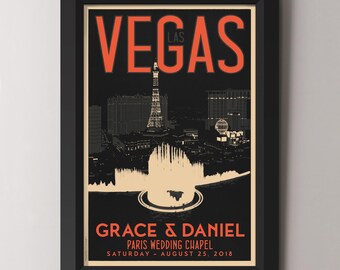 Las Vegas Fountain Personalized Wedding and Anniversary Framed Art 18x24 or 24x36 (15 color options available)