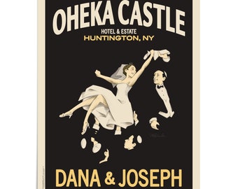 May include: A wedding invitation poster with a black background and a yellow banner at the bottom. The poster features a cartoon illustration of a bride and groom dancing. The bride is wearing a white dress and the groom is wearing a black suit. The text on the poster reads "Oheka Castle Hotel & Estate Huntington, NY Dana & Joseph Saturday November 18, 2017".
