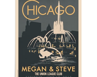 Chicago Buckingham Fountain Personalized Wedding Unframed Art 18x24, 24x36, 36x54 (available in 15 color options)