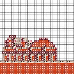 May include: Cross stitch pattern featuring a red, orange, and white mountain range with a blue and white building with a yellow and orange roof. The building has a heart design on the front.