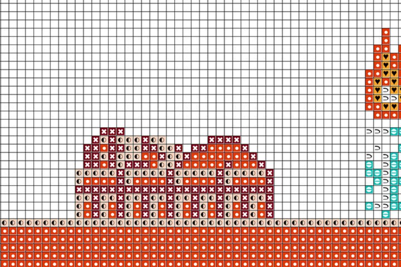 May include: Cross stitch pattern featuring a red, orange, and white mountain range with a blue and white building with a yellow and orange roof. The building has a heart design on the front.