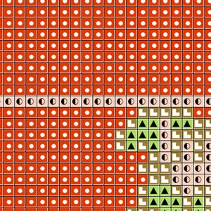 May include: A red and white cross stitch pattern with a green, brown, and black design in the lower right corner. The design features a variety of shapes, including circles, squares, and triangles.