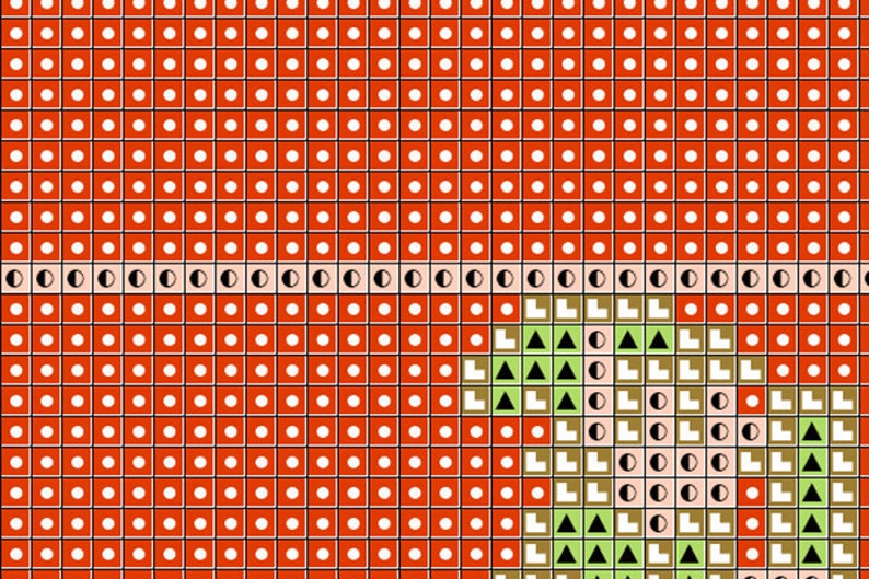 May include: A red and white cross stitch pattern with a green, brown, and black design in the lower right corner. The design features a variety of shapes, including circles, squares, and triangles.