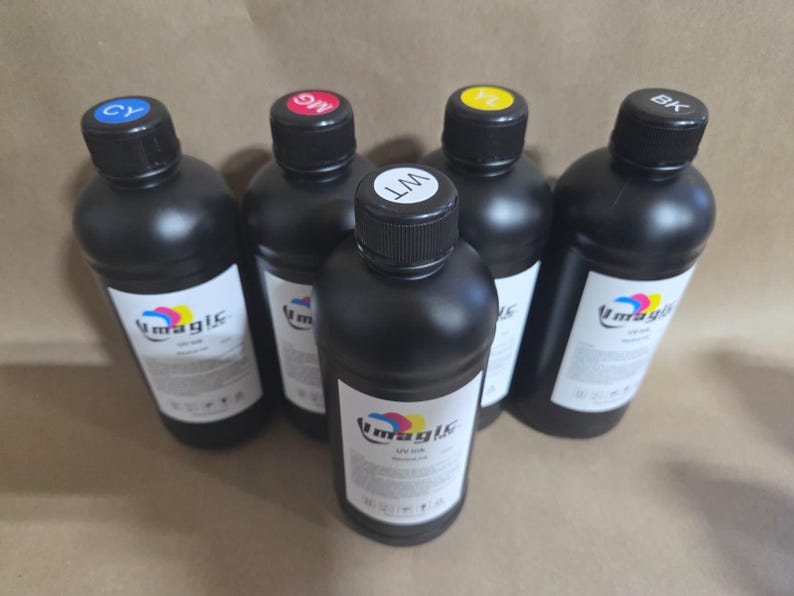 Imagic Ink For Uv Printers Uv Ink - Choose Your Color And Type (500Ml Bottles) - Hard, Neutral, Soft, Fluorescent - Uv Inks With Jay'S Print Small Bundle-CMYKW (No Gloss)