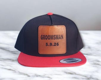 Custom Groomsman Yupoong Snapback Hat, Laser Engraved Leather Patch