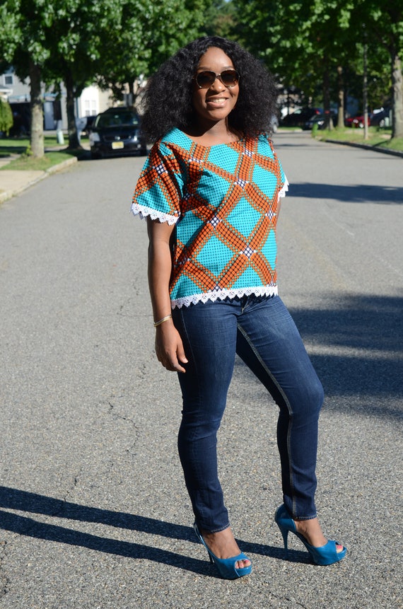 The demi Top. Ankara and Lace. Please See Measurements in Full Description  
