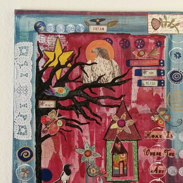House of Art" is a Mixed media, decoupage wall hanging