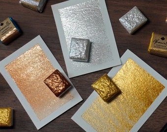 Ręcznie robione akwarele Shimmer – złoto, srebro, brąz – zestaw 3 sztuk