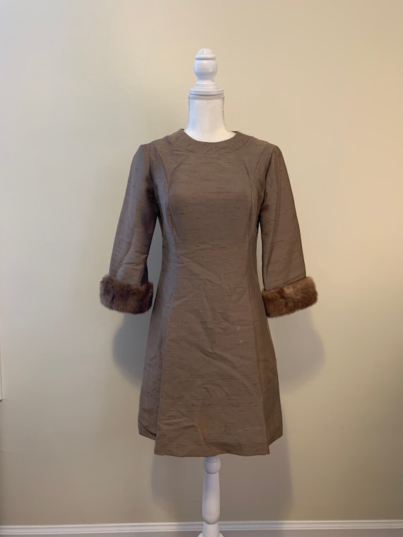 Vintage 50s Hudson’s Bronze Dress with Fur Trimmed