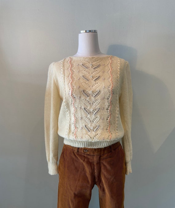 Vintage 80s Pointelle Beaded Embroidered Puff Slee