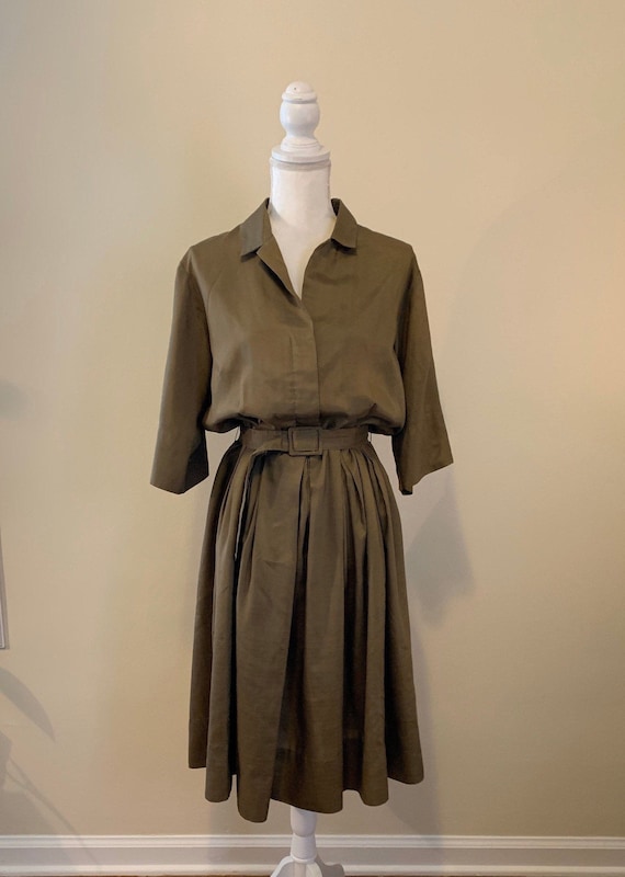 Vintage 50s Norman Wiatt Olive Green Belted Midi D