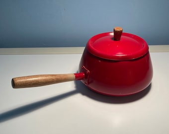 Red Vintage Fondue Pot with Wooden Handle made in Japan
