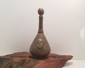 Vintage Decanter in Embossed Leather Decoration,Vintage Genie Bottle,Large Bulbous Decanter Ornate Golden Lion Door Knocker Head Design