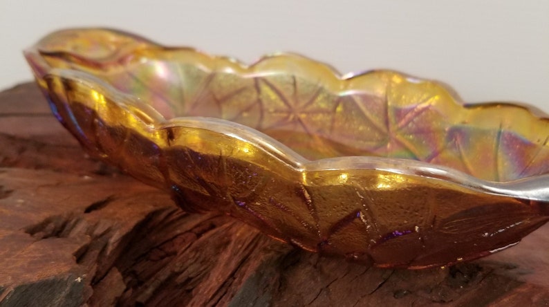 Vintage Amber Carnival Glass Sunflower Patterned Dish Marigold Pressed Glass Carnival Depression Glass Long Serving Bowl Sunflowers