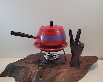 Funky Floral Fondue Set In Red With Blue Daisys, Fondue Pot Stand Heat Holder and Tray Made In Japan