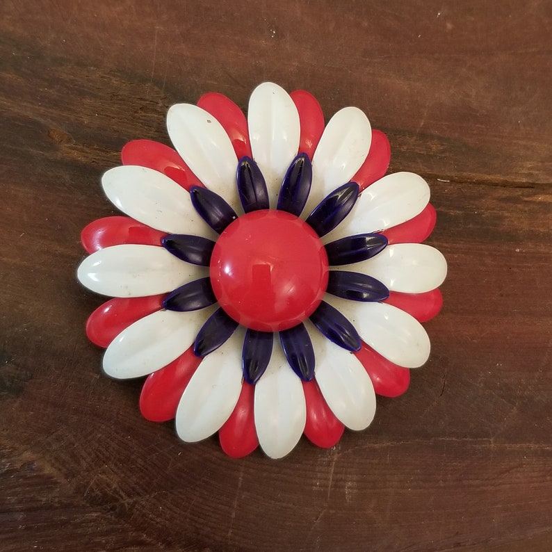 Bold 1970s Patriotic Brooch Patriotic Floral Brooch Holiday Jewelry Red White Blue Flower Brooch 4th of July Jewelry Patriotic Pin